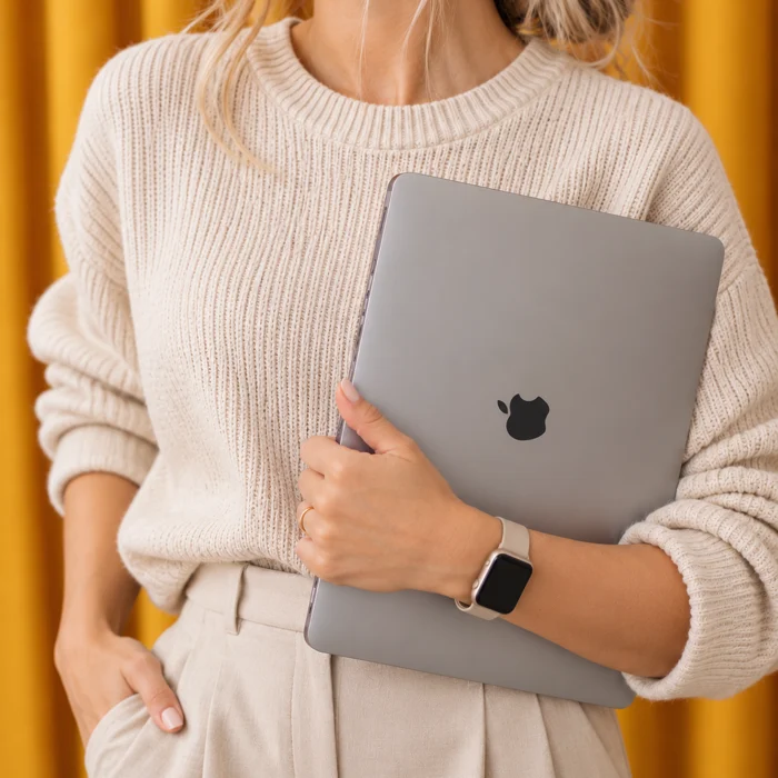 Iemand die een laptop onder de arm draagt