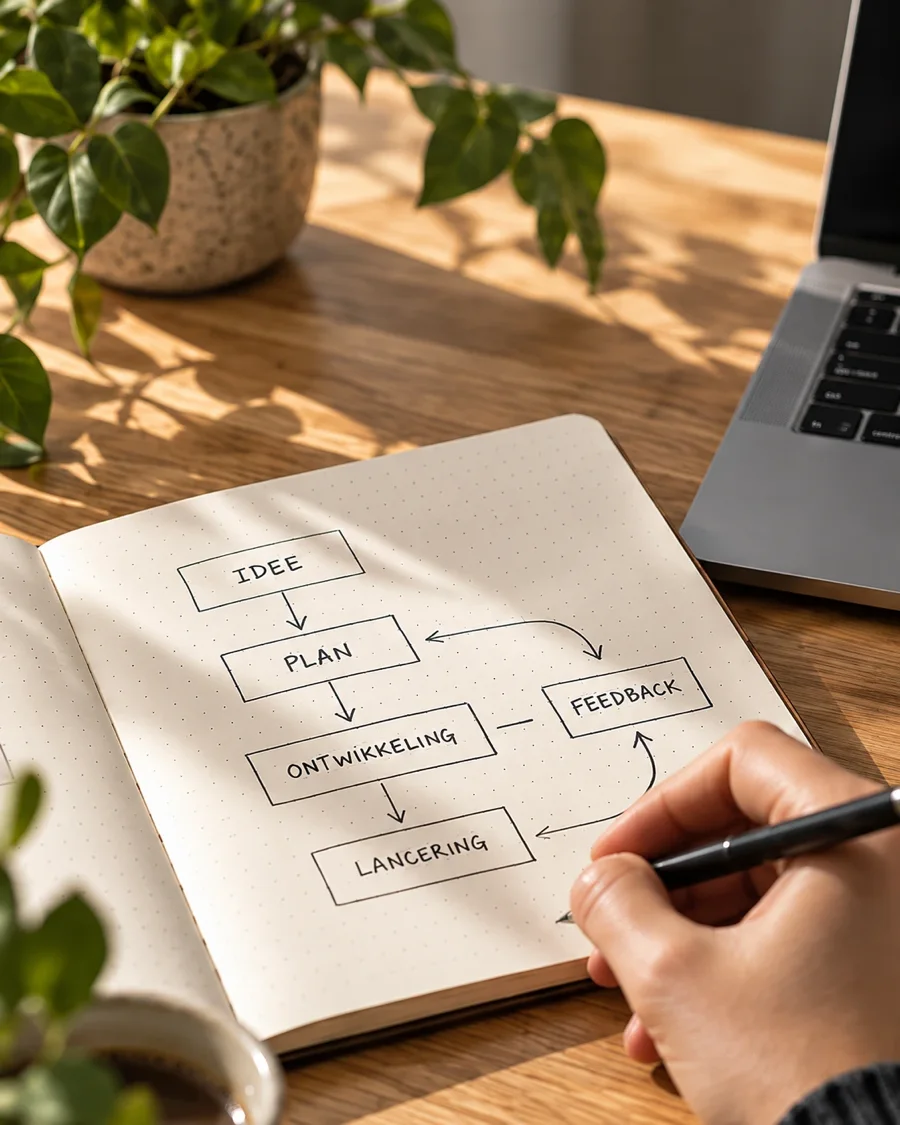 Een schetsboek met een stroomschema: idee, plan, ontwikkeling, lancering en feedback