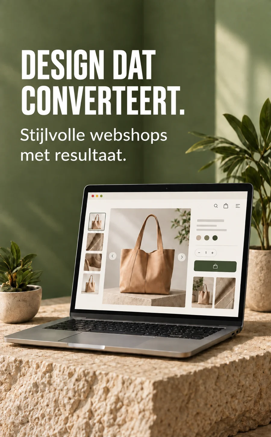 Een laptop met een webshop-productpagina, onder de titel Design dat converteert